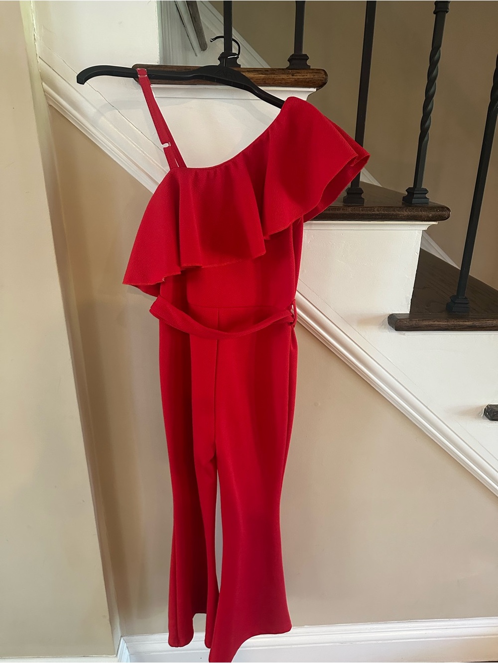Red One-Shoulder Ruffle Jumpsuit